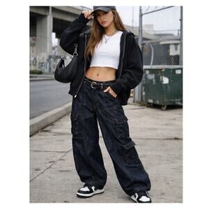 BDG Urban Outfitters Y2K Cargo Jeans Women’s L Dark Wash Wide Leg Utility Denim